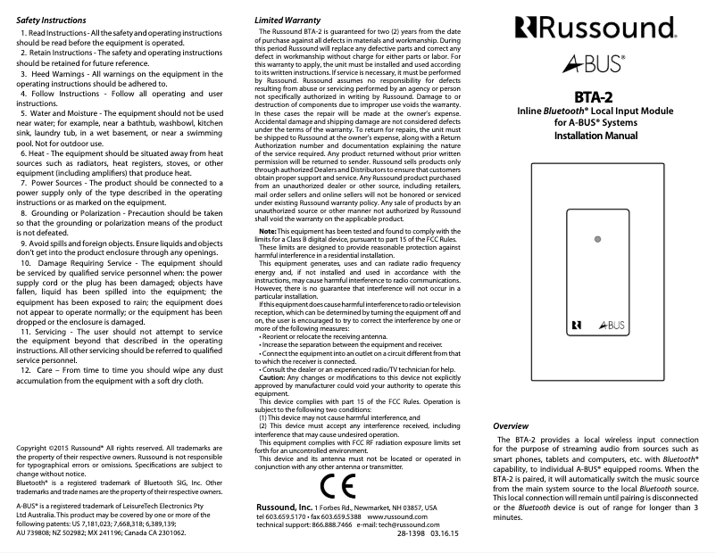 Image de la première page du manuel de l'appareil BTA-2
