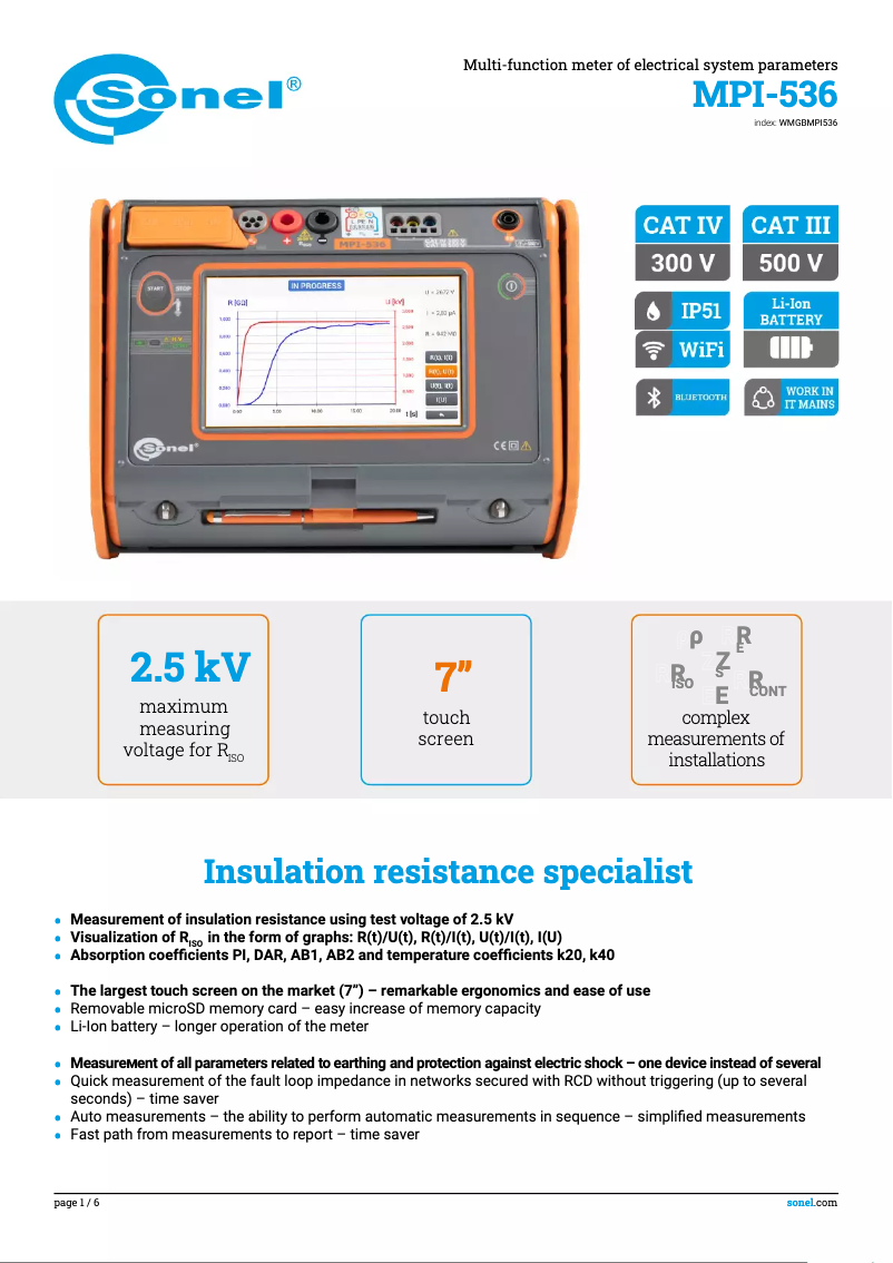 Page 1 de la notice Fiche technique Sonel MPI-536