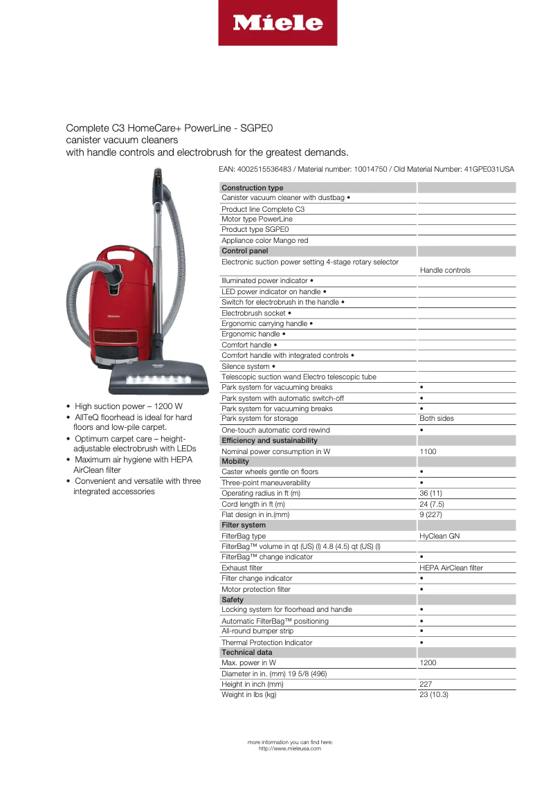 Página 1 del manual Ficha técnica Miele Complete C3 HomeCare+