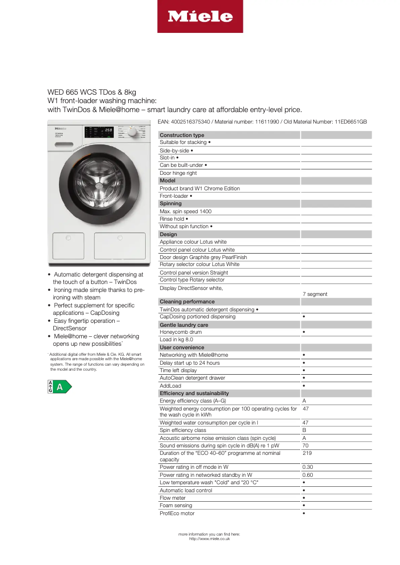 Page 1 de la notice Fiche technique Miele WED 665 WCS TDos & 8kg