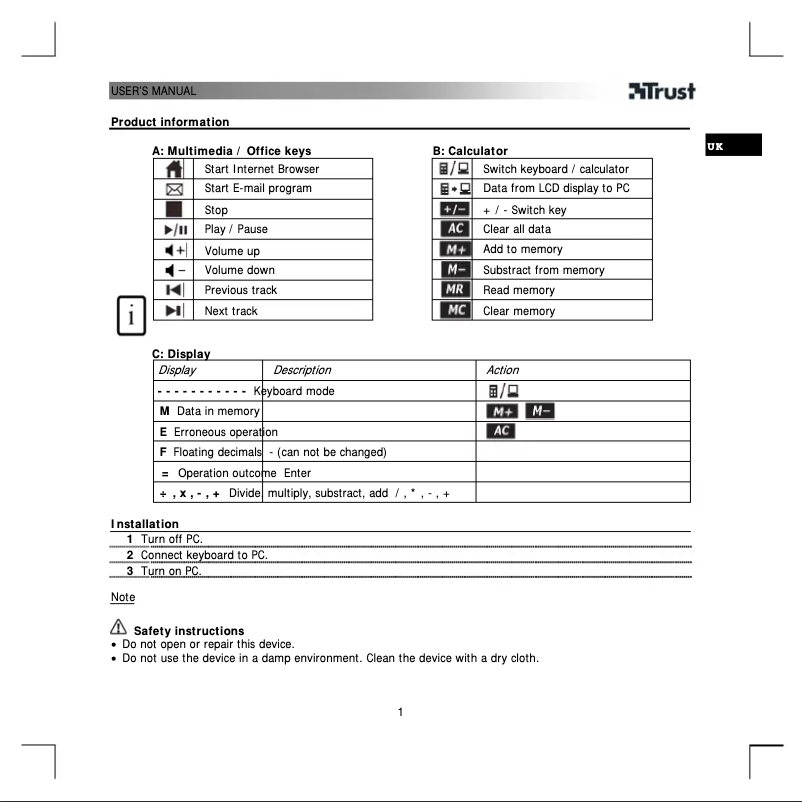 Page 1 de la notice Manuel utilisateur Trust KB-1600