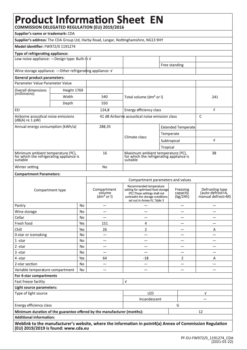 Page n°1 - Fiche technique CDA FW972