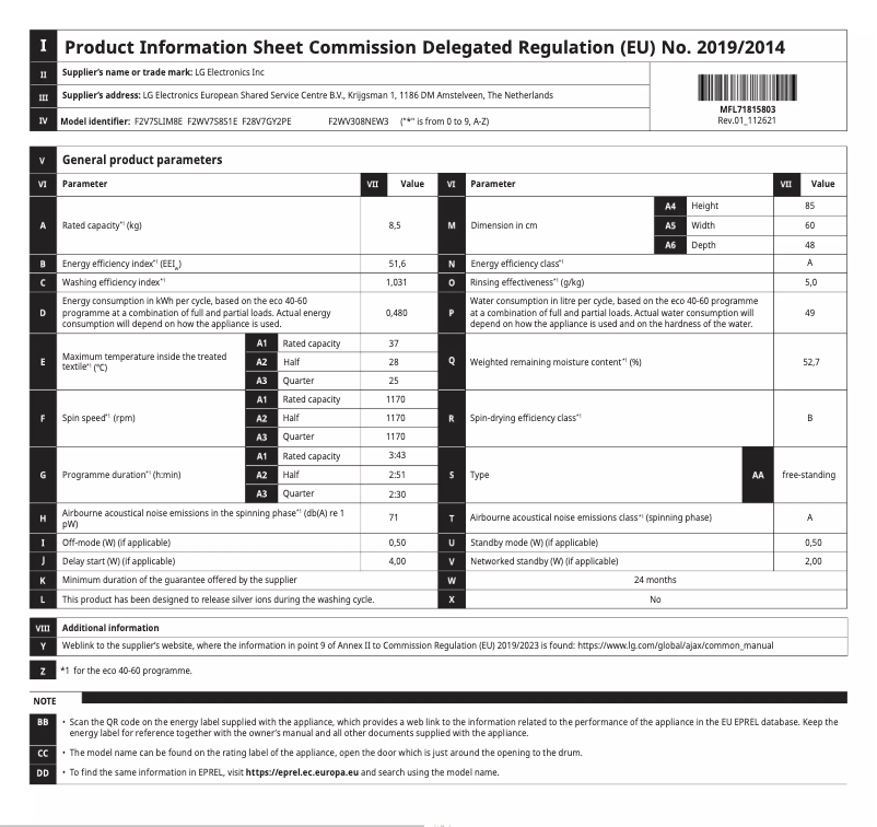 Page 1 de la notice Manuel utilisateur LG F2WV308NEW3