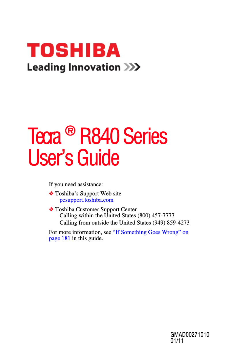 Page 1 de la notice Manuel utilisateur Toshiba Tecra R840