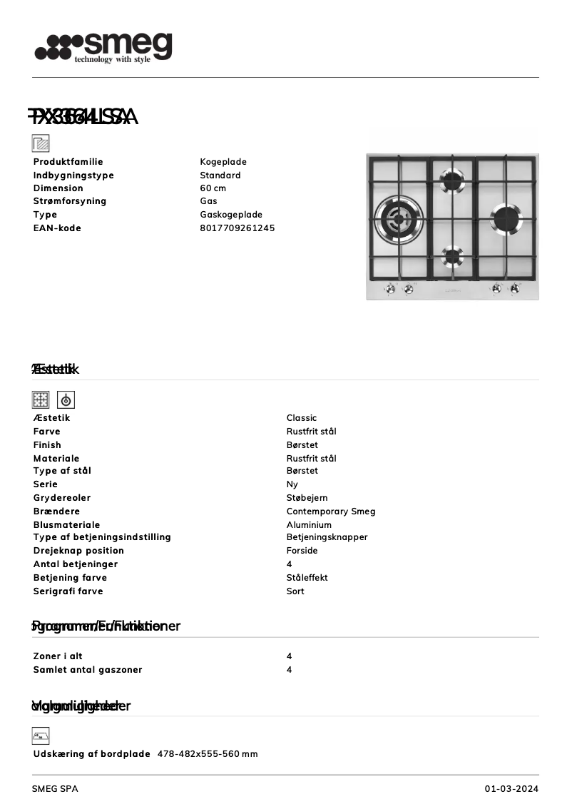 Página 1 del manual Ficha técnica Smeg PX364LSA