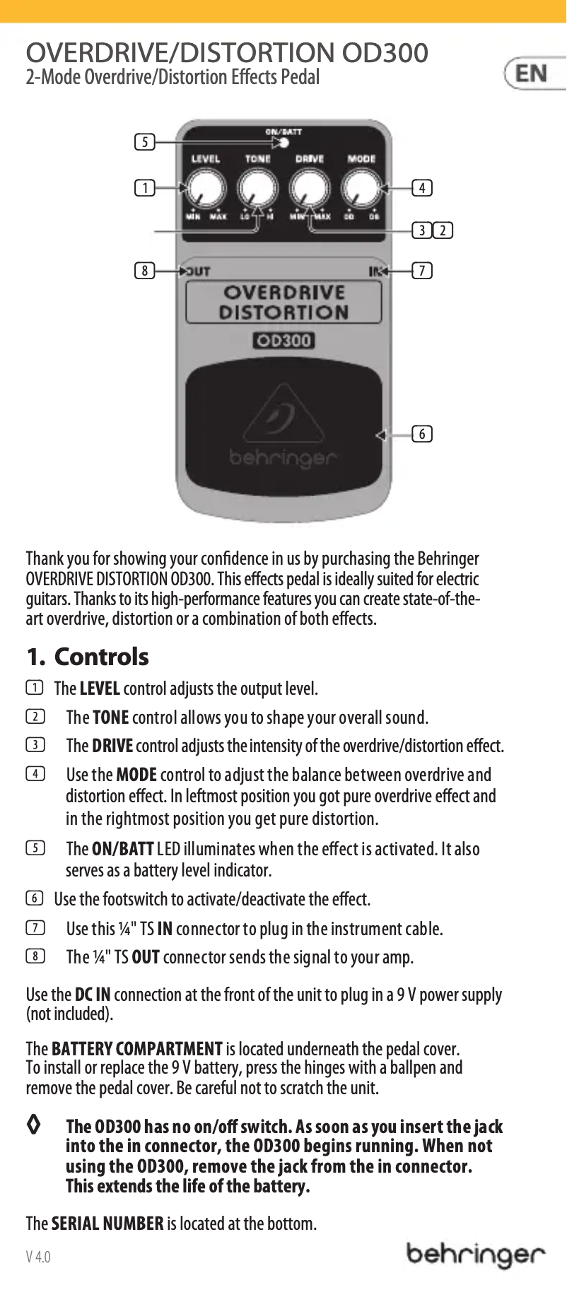 Página 1 del manual Manual de usuario Behringer Overdrive Distortion OD300