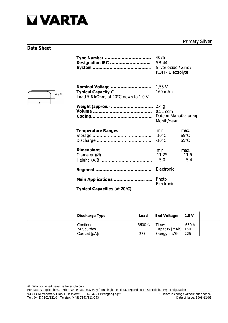 Page 1 de la notice Manuel utilisateur Varta Primary Silver Button V 76PX