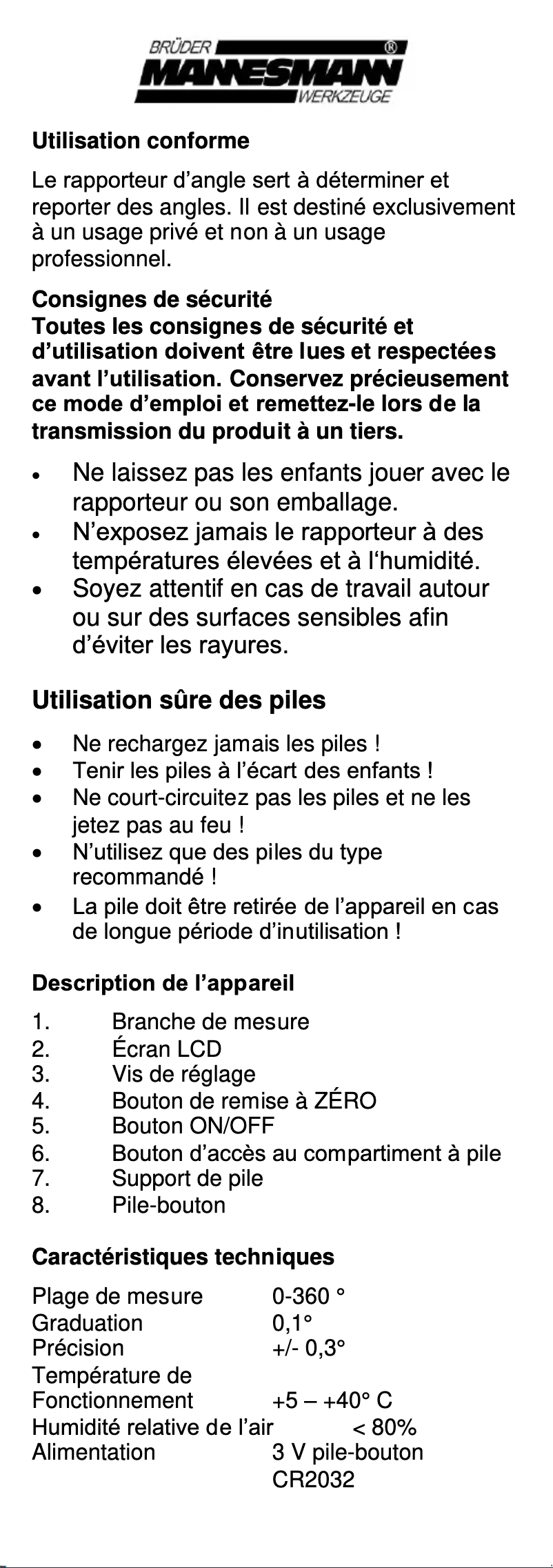 Page 1 de la notice Manuel utilisateur Brüder Mannesmann M81220