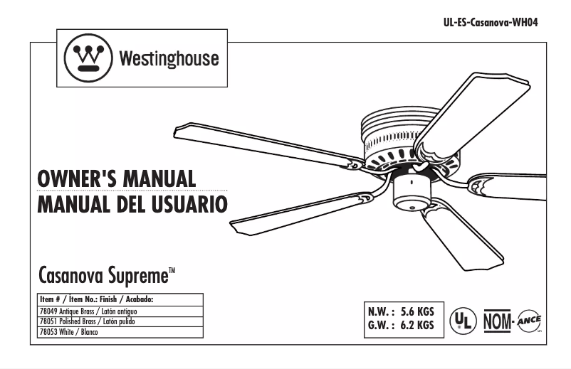 Page 1 de la notice Manuel utilisateur Westinghouse Casanova