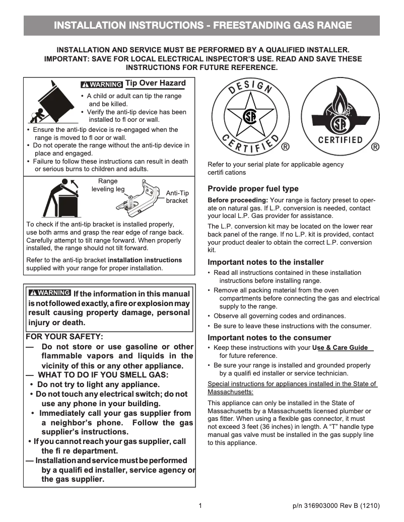 Page n°1 - Guide d'installation Frigidaire LGGF3044LF