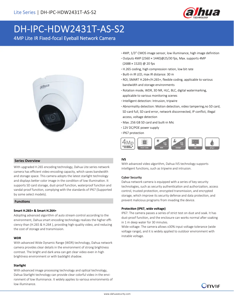 Page 1 de la notice Fiche technique Dahua Technology IPC-HDW2431T-AS-S2