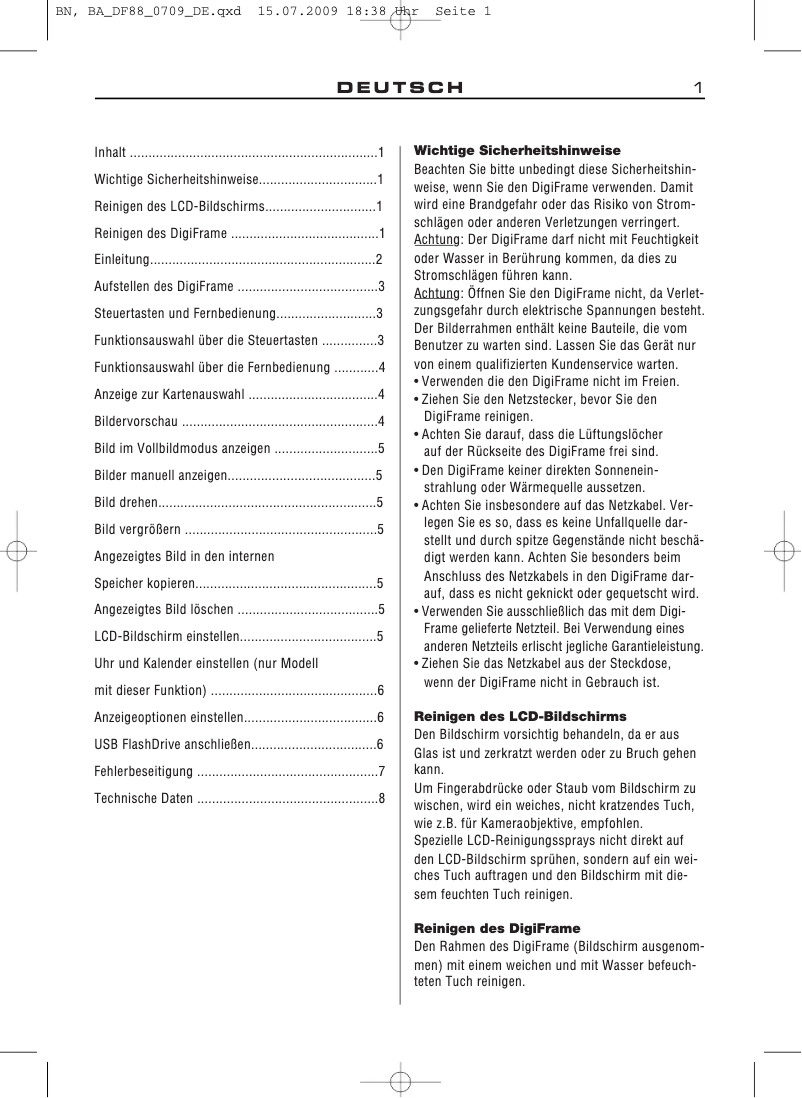 Page 1 de la notice Manuel utilisateur Braun DigiFrame 88