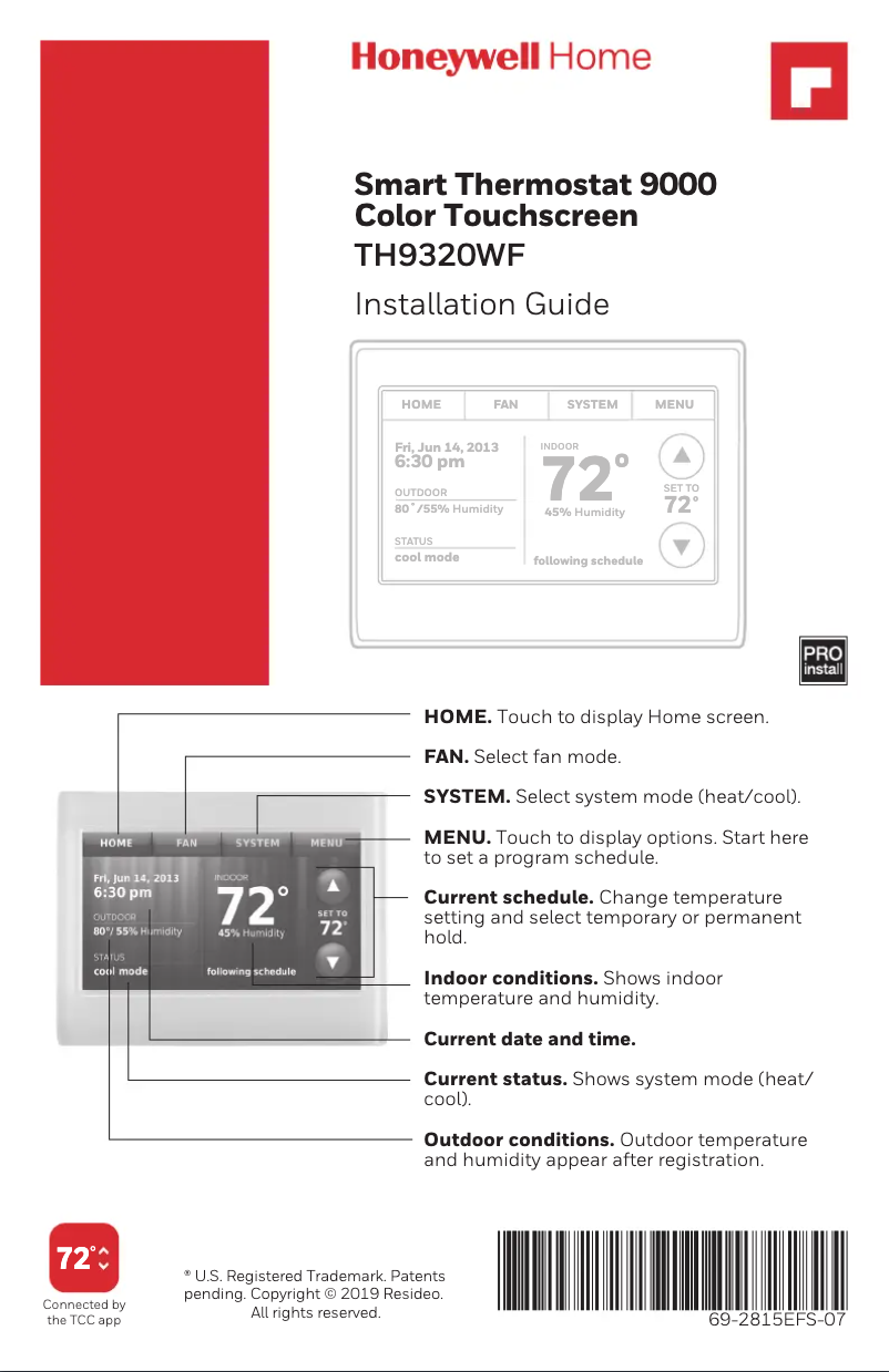 Page 1 de la notice Guide d'installation Honeywell TH9320WF5003/U