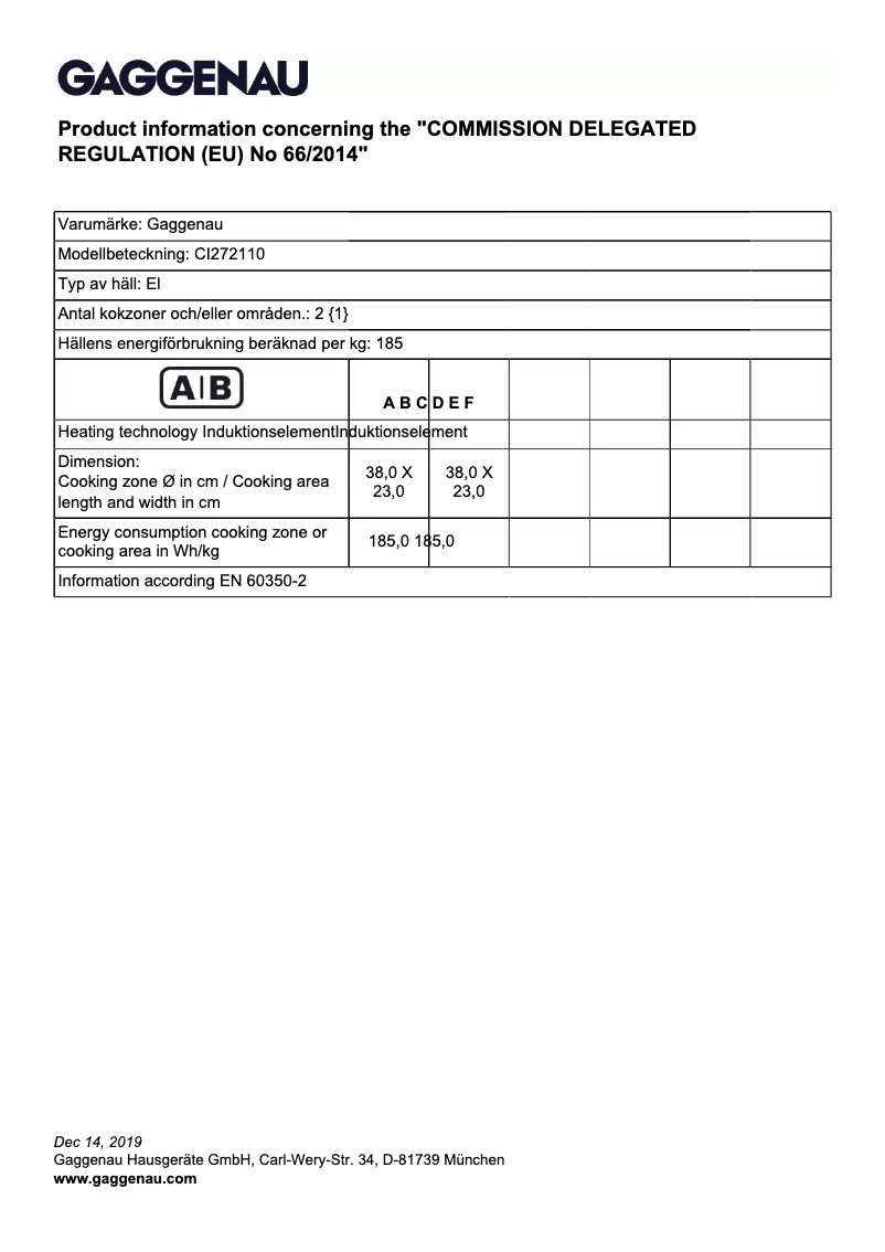 Page 1 de la notice Fiche technique Gaggenau CI272110