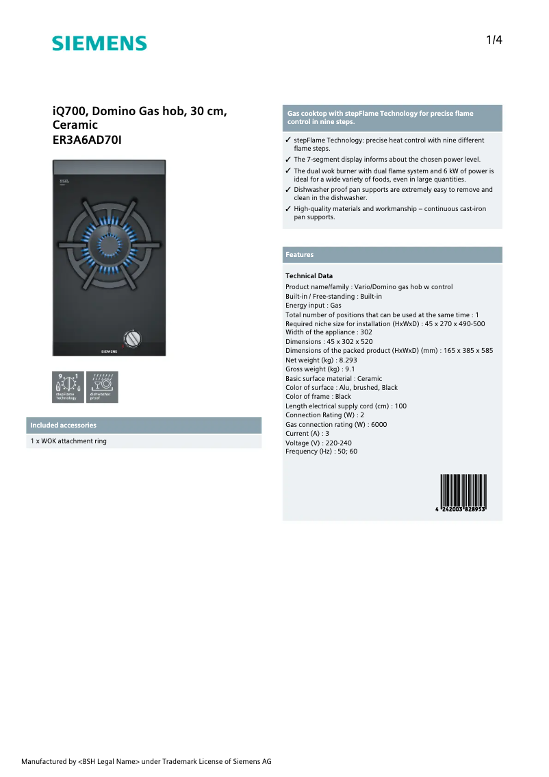 Page n°1 - Fiche technique Siemens ER3A6AD70I