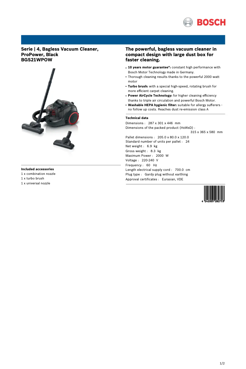 Image de la première page du manuel de l'appareil BGS21WPOW