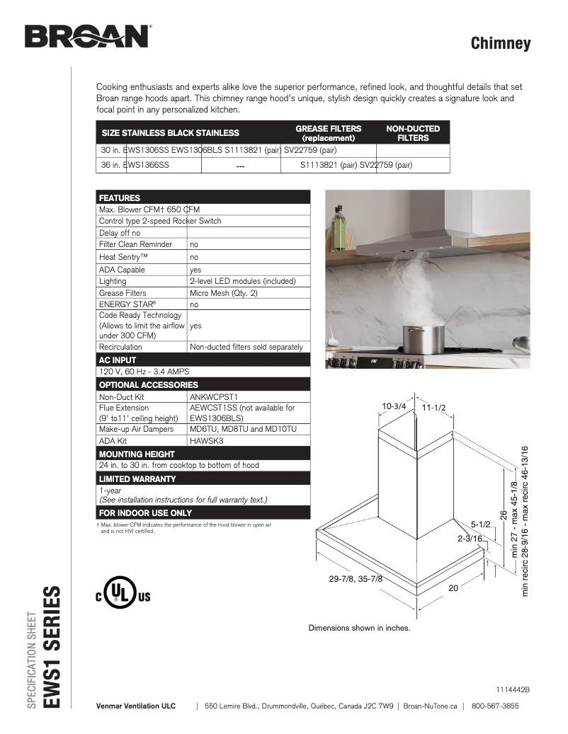 Page n°1 - Fiche technique Broan EWS1366SS