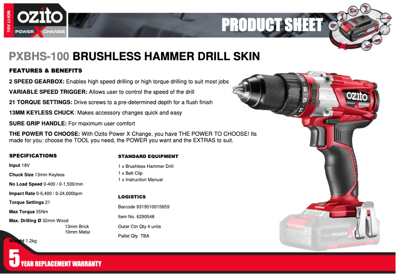 Page 1 of the manual Technical Sheet Ozito PXBHS-100
