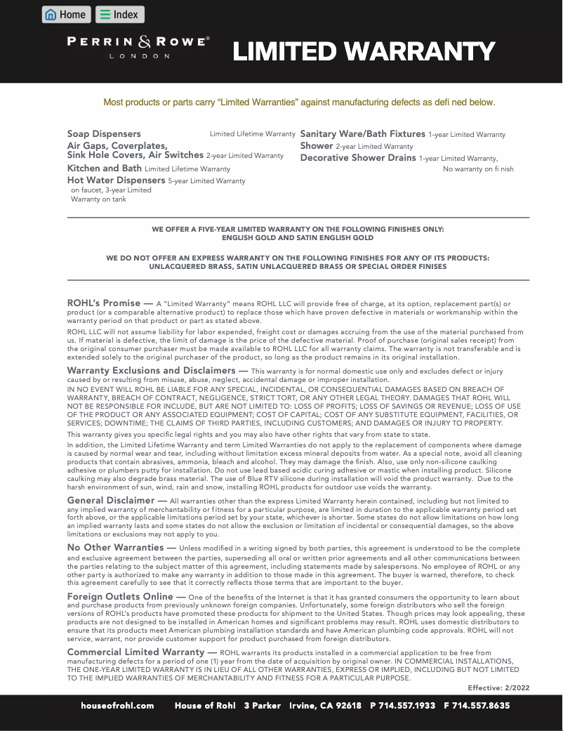 Page 1 de la notice Informations de garantie Rohl RSS1515