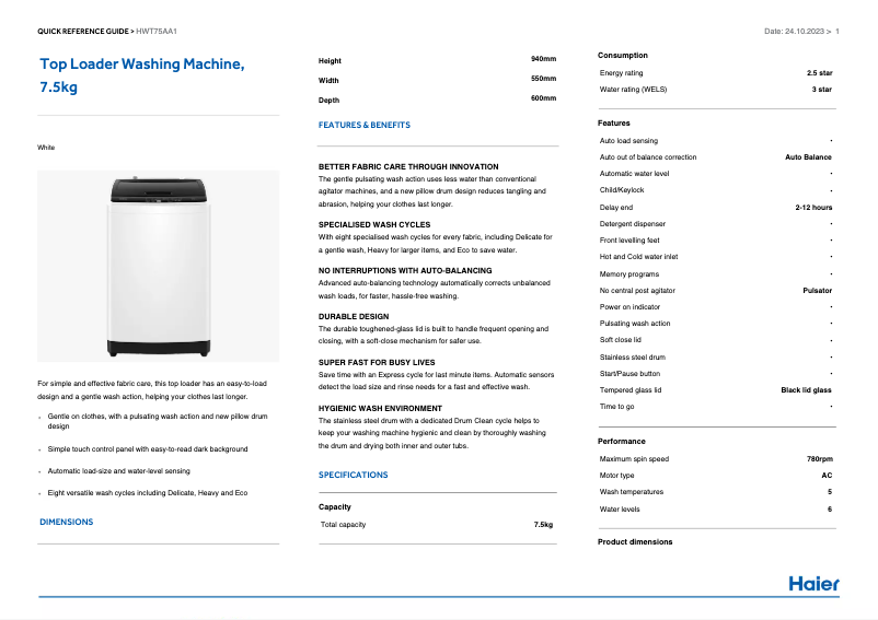 Page 1 de la notice Manuel utilisateur Haier HWT75AA1