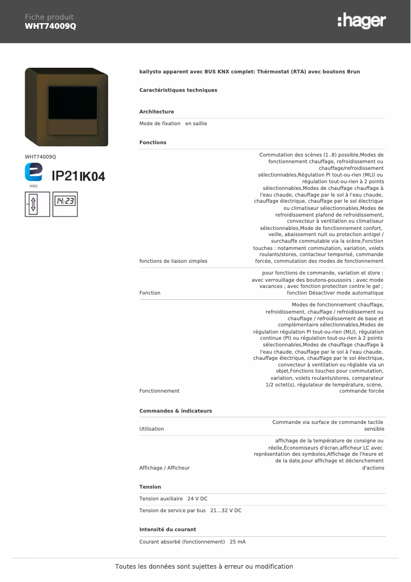Page 1 de la notice Fiche technique Hager WHT74009Q