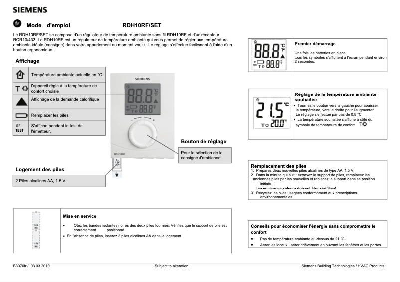 Page n°1 - Manuel utilisateur Siemens RDH10RF