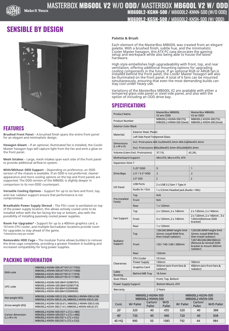 Page n°1 - Fiche technique Cooler Master MasterBox MB600L V2
