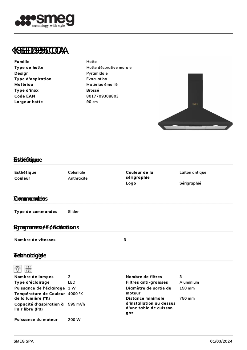 Page n°1 - Fiche technique Smeg KSED95COA