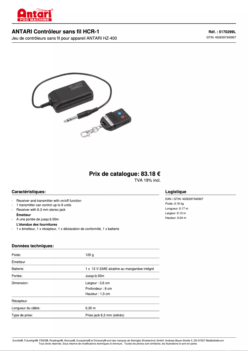 Page 1 de la notice Fiche technique Antari HCR-1