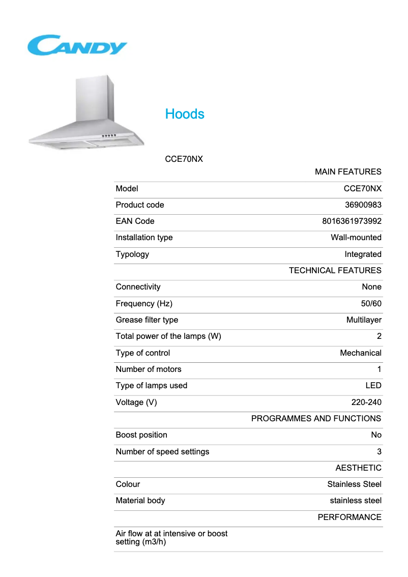 Page 1 de la notice Fiche technique Candy CCE70NX