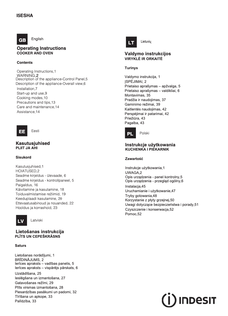 Page 1 de la notice Manuel utilisateur Indesit I5ESHA(W)U