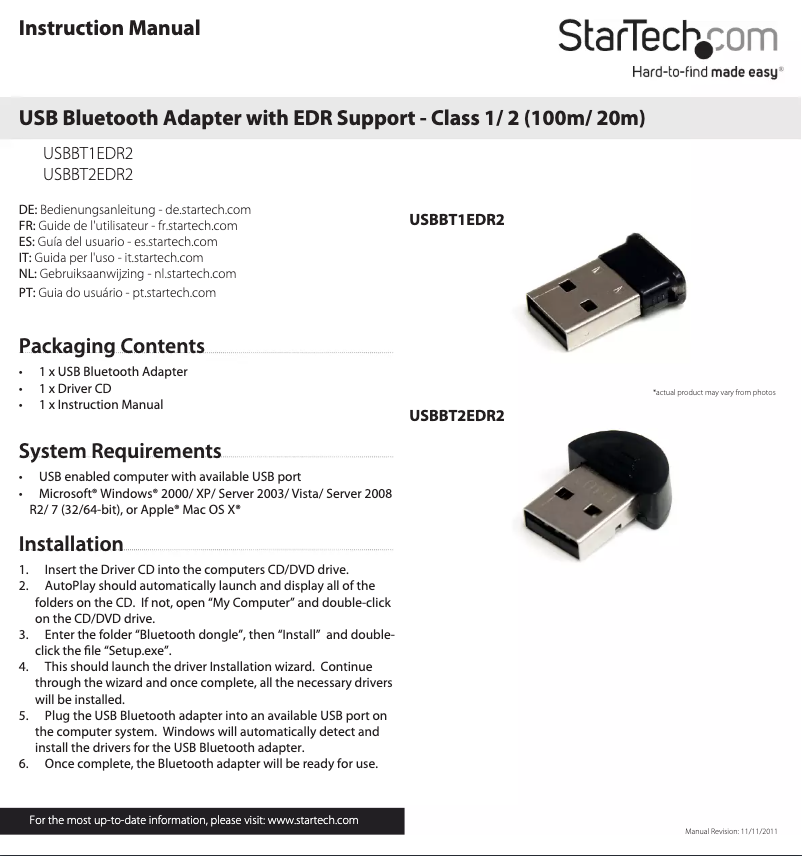 Page 1 de la notice Manuel utilisateur StarTech.com USBBT2EDR2