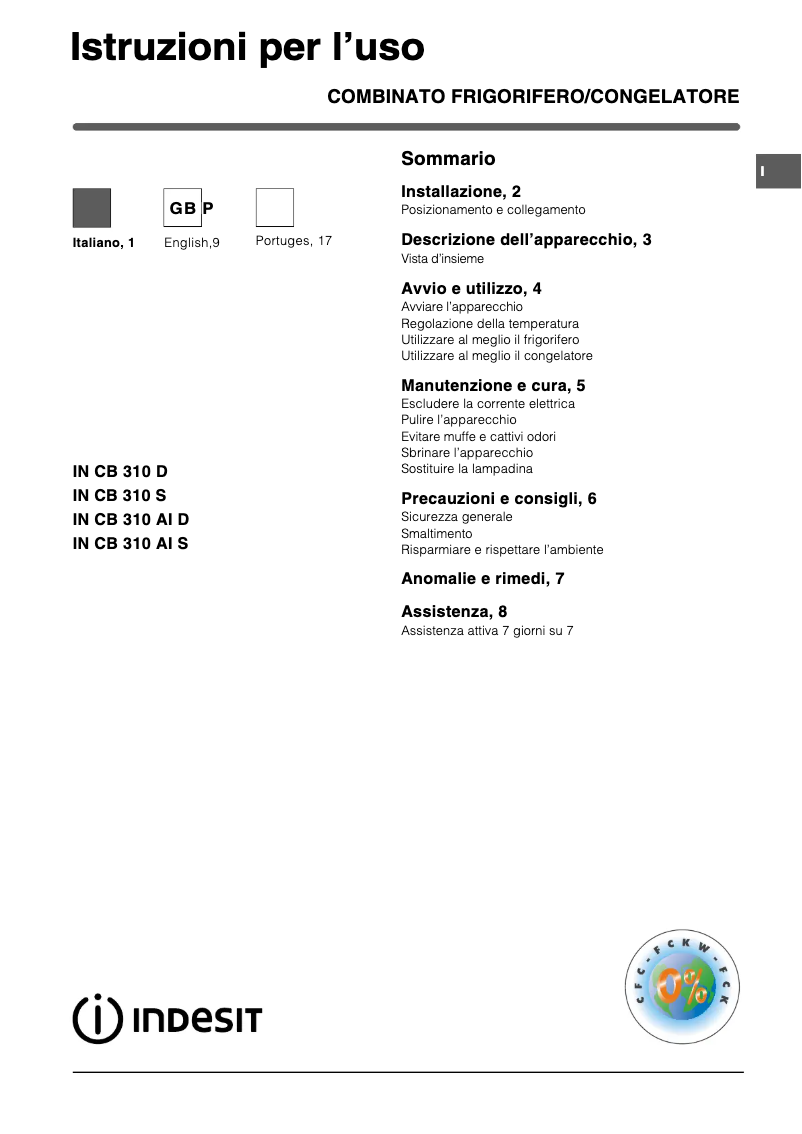 Page 1 de la notice Manuel utilisateur Indesit IN CB 310 S