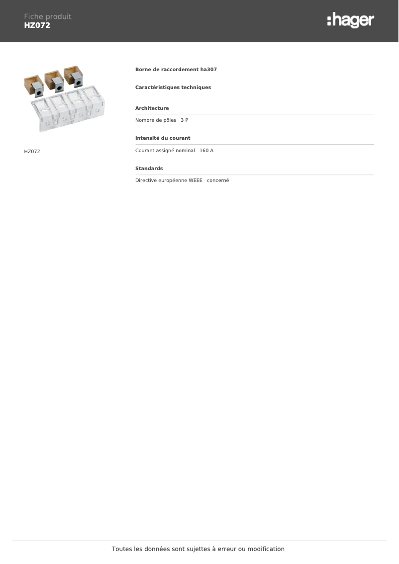 Page n°1 - Fiche technique Hager HZ072