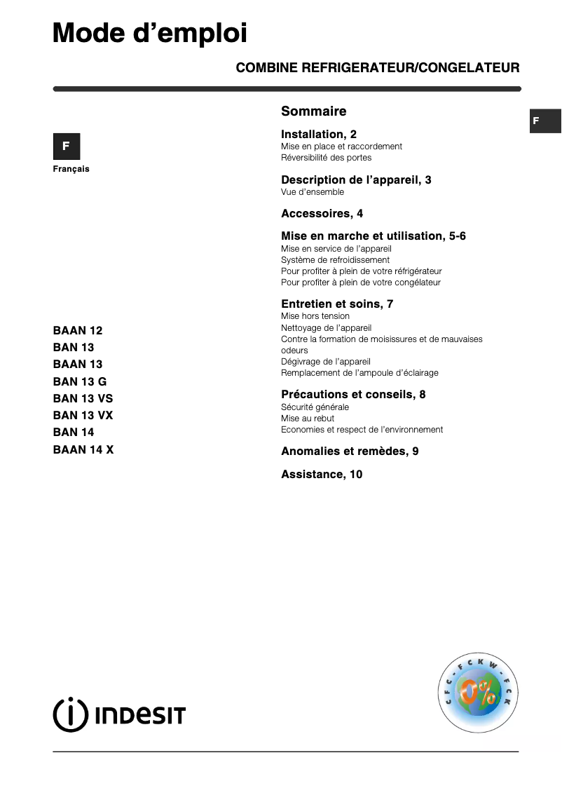 Page n°1 - Manuel utilisateur Indesit BAN13 VX