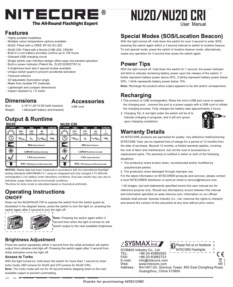 Page 1 de la notice Manuel utilisateur Nitecore NU20 CRI