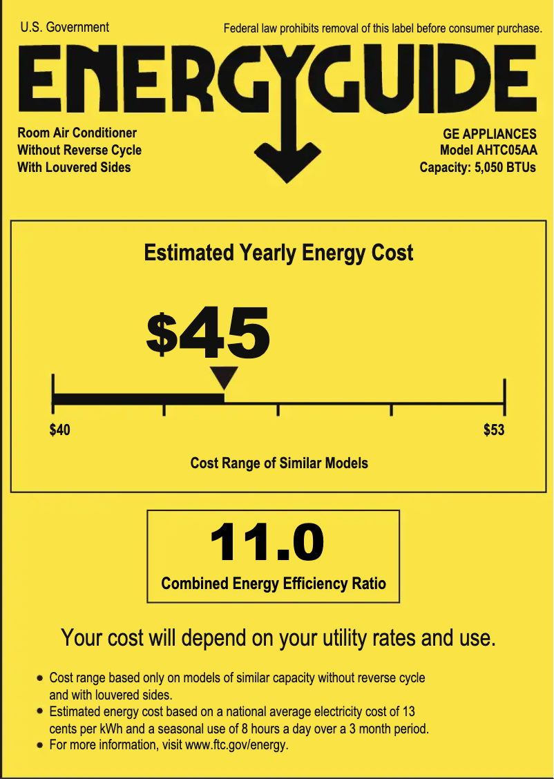 Page 1 de la notice Label énergétique GE AHTC05AA