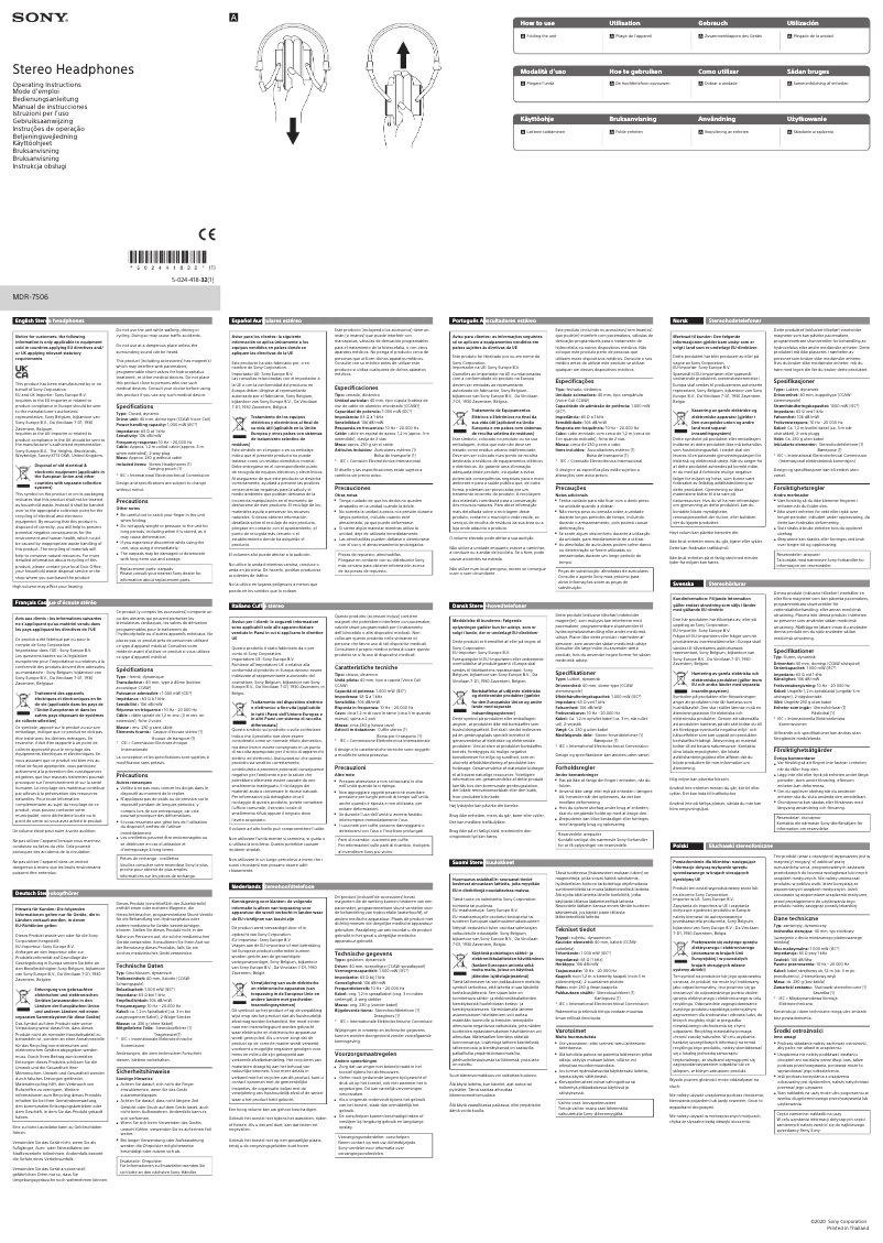 Page 1 de la notice Manuel utilisateur Sony MDR-7506