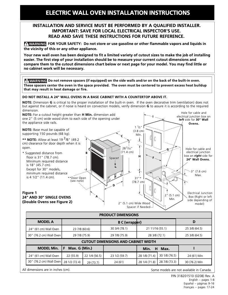 Page 1 de la notice Guide d'installation Frigidaire GLEB27T8CC