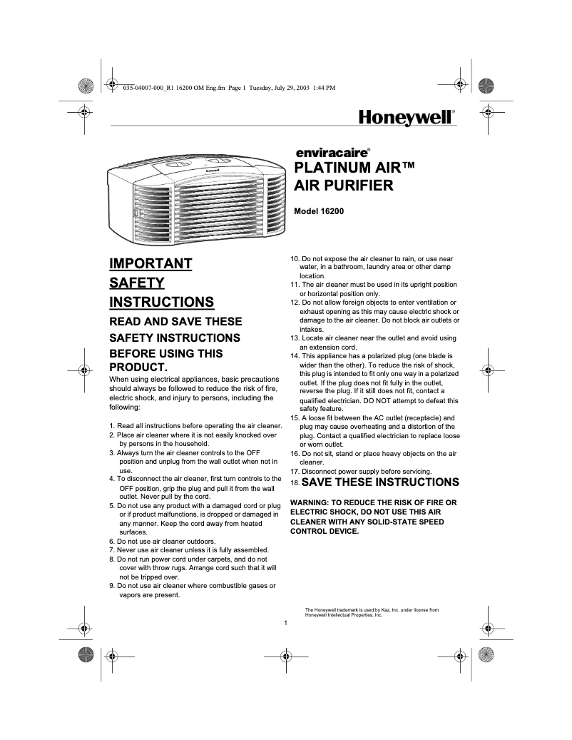 Page n°1 - Manuel utilisateur Honeywell Platinum Air 16200