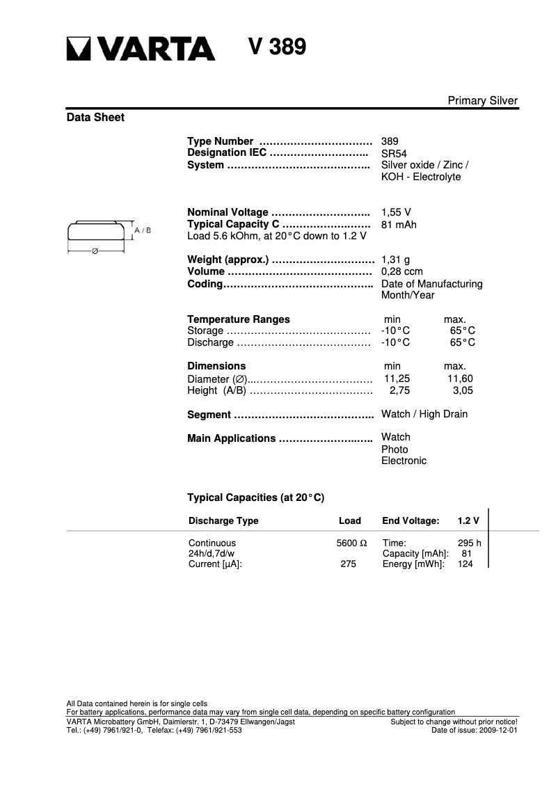 Image de la première page du manuel de l'appareil Primary Silver Button V389 / SR 54
