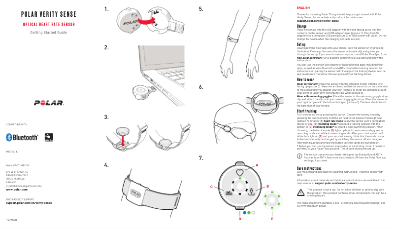 Page 1 de la notice Guide de démarrage rapide Polar Verity Sense