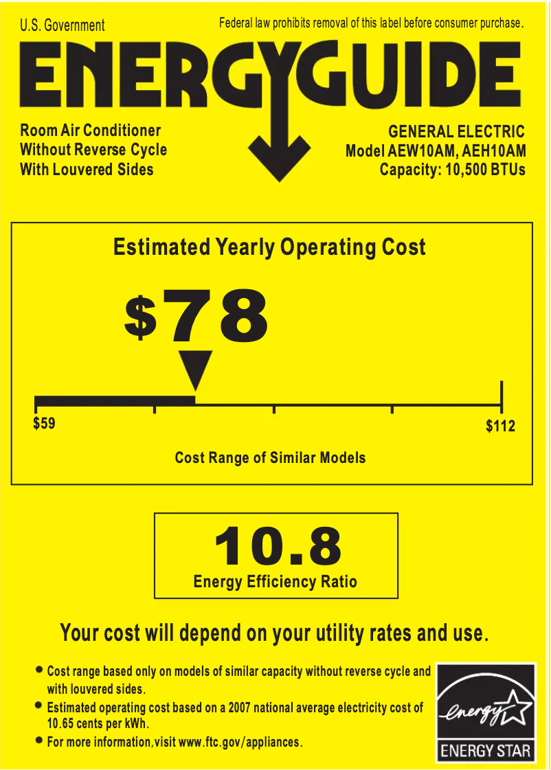 Página 1 del manual Etiqueta energética GE AEH10AM