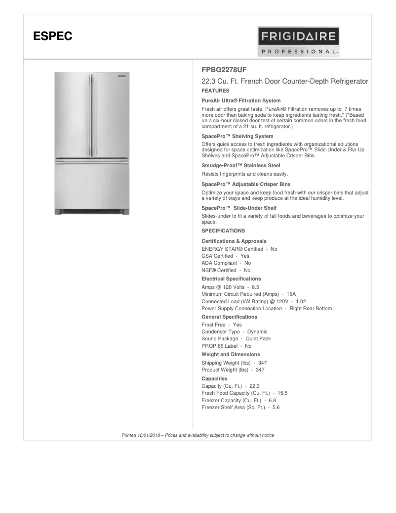 Page n°1 - Fiche technique Frigidaire FPBG2278UF