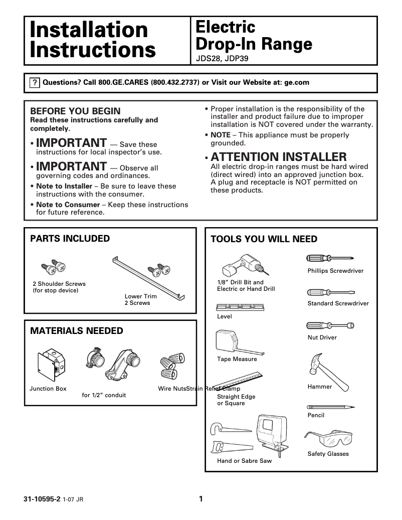Page 1 de la notice Guide d'installation GE JDP39DNBB