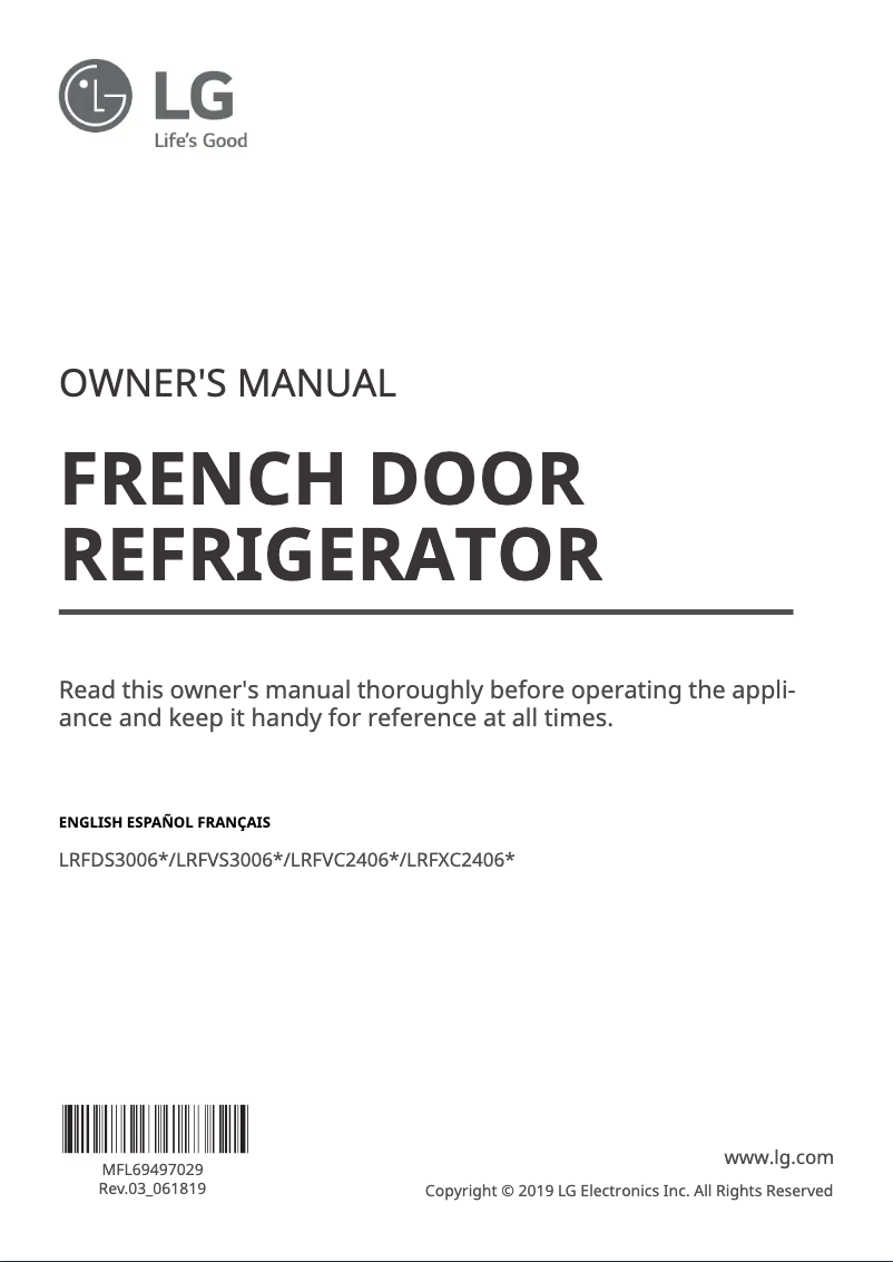 Page 1 de la notice Manuel utilisateur LG LRFVC2406M