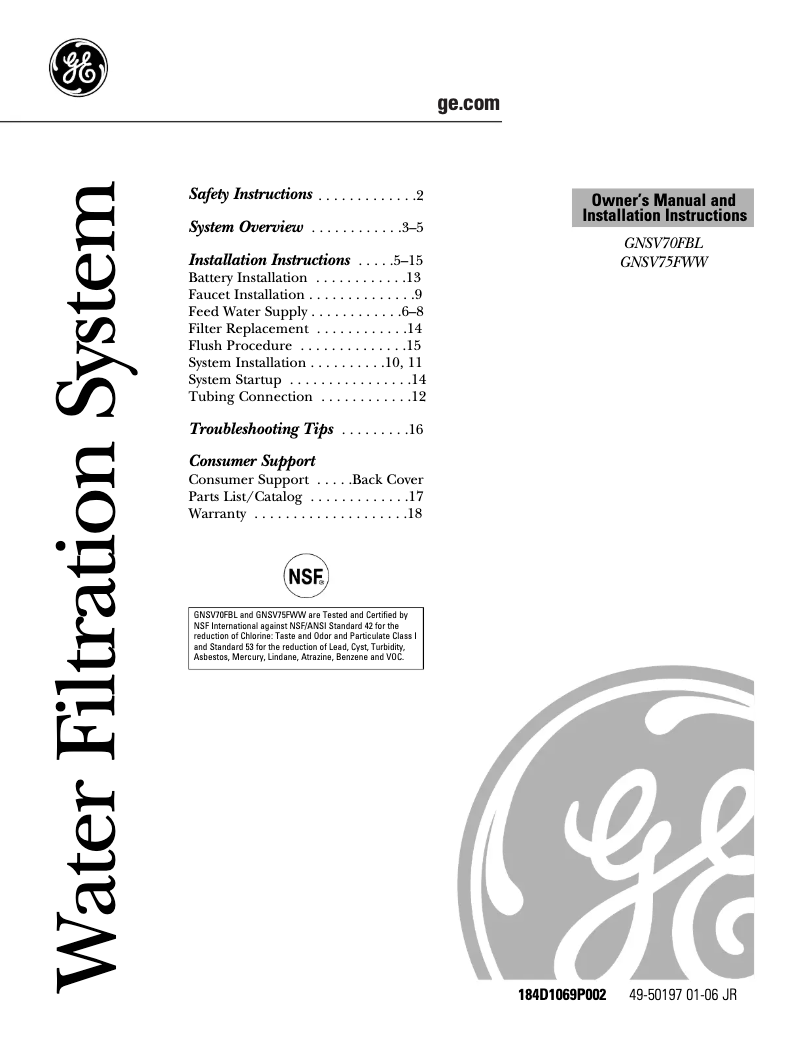 Page n°1 - Guide d'installation GE GNSV70FBL
