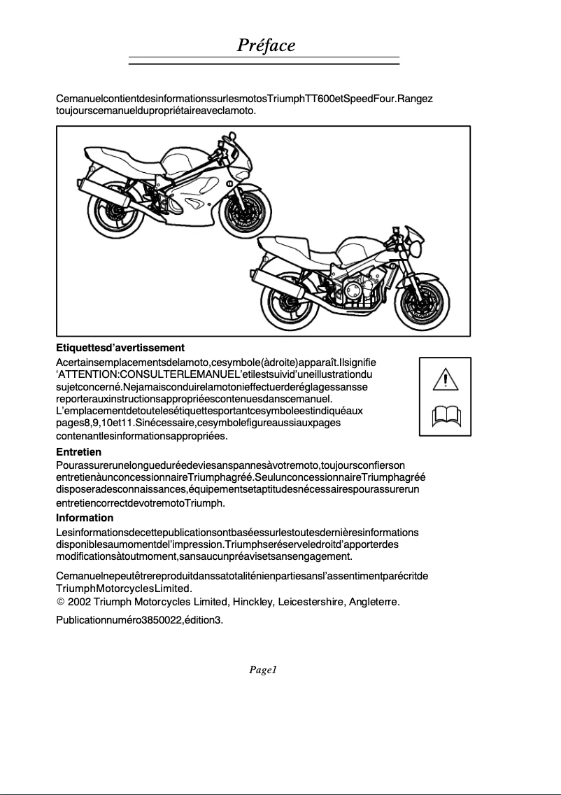 Page 1 de la notice Manuel utilisateur Triumph Speed Four (2005)