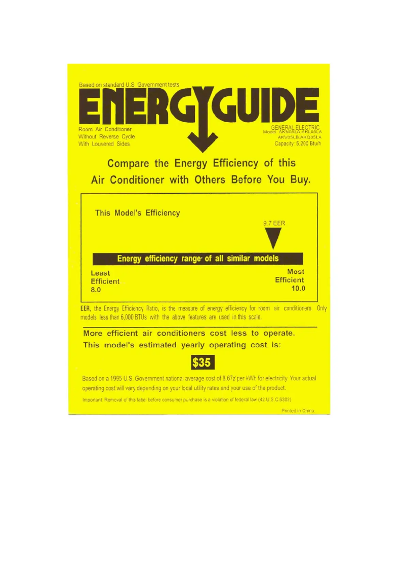 Page 1 de la notice Label énergétique GE AKL05LA