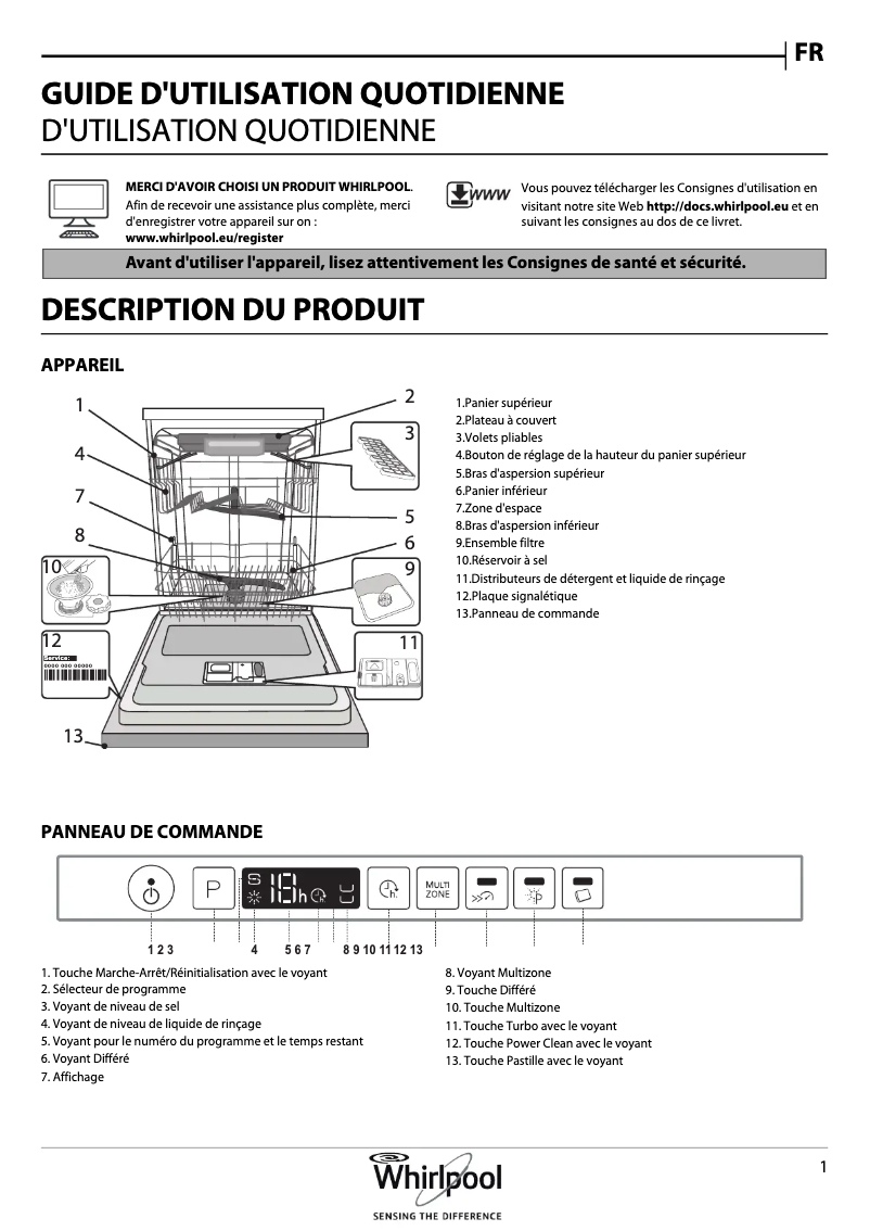 Page 1 de la notice Manuel utilisateur Whirlpool WCIO 3P23 PEL